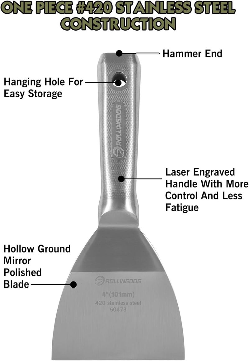 Rolling Dog 4 inch Putty Knife - Paint Scraper Drywall Knife with 420 Stainless Steel One Piece irror Polished Blade for Scraping Paint, Taping - Image 3